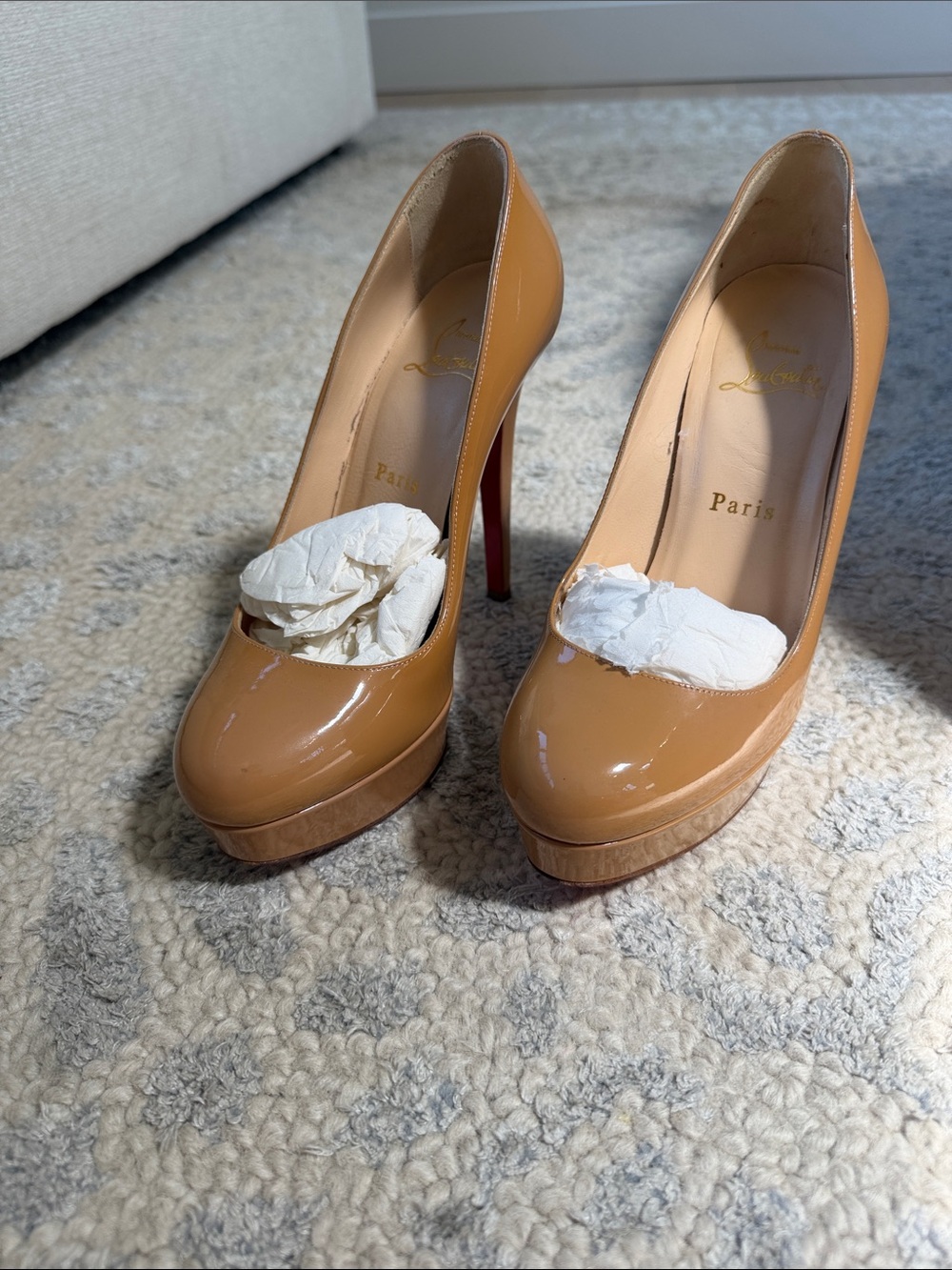 Christian Louboutin Tan Patent Leather Platform Pumps with Red Soles